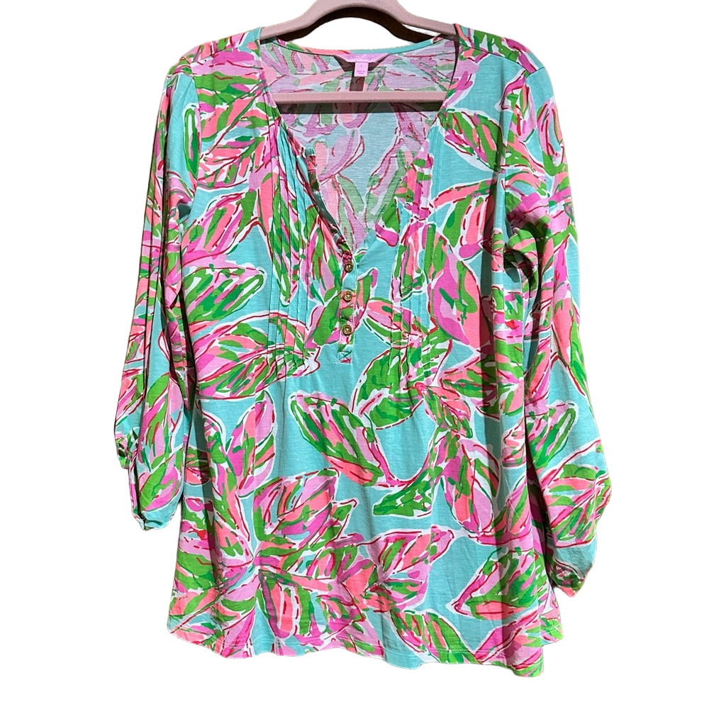 Lilly Pulitzer Dorothy Top In The Vias Print Size L EUC Pink Green Tunic Resort